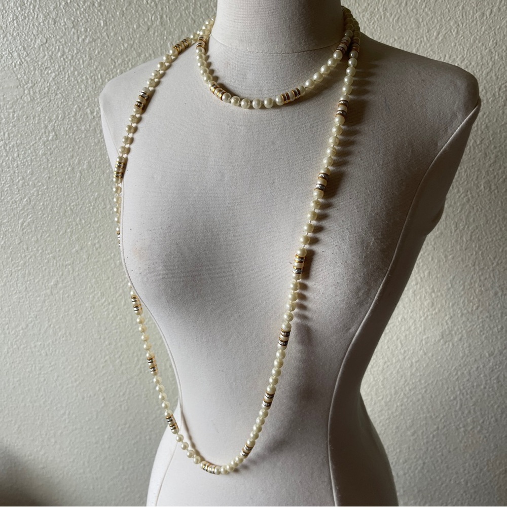 Vintage long Strand Pearl Crystal Enamel French Style Necklace Layerable